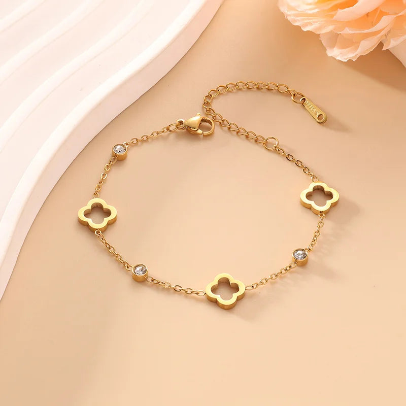 Clover Flower Stainless Steel Bracelet Set Gold Gift - Tophatter Daily Deals